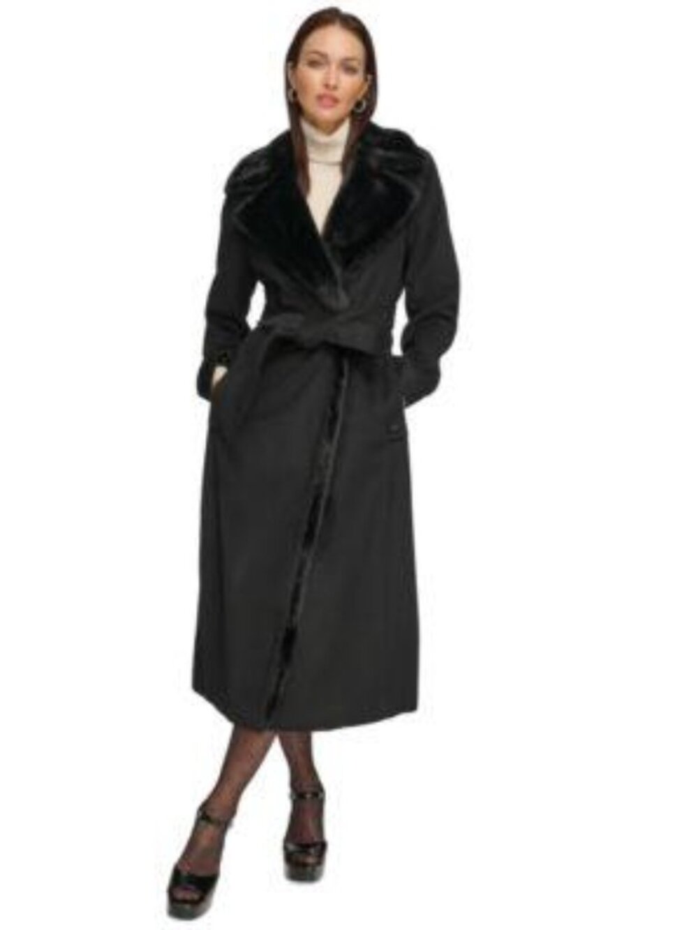 DKNY Black Wool Blend Maxi Coat Faux Fur Collar Belted Size M New Without Tags